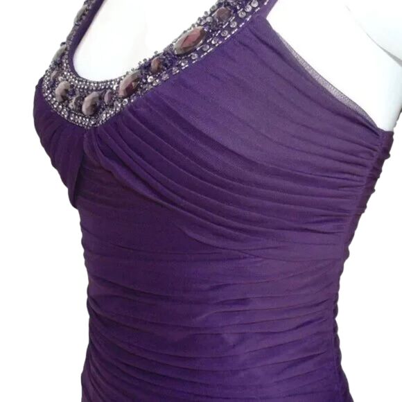 CACHE Dress, XS/S, Purple, Beaded Neck, Ruched, Beads/Sequins, Sleeveless - Picture 2 of 13
